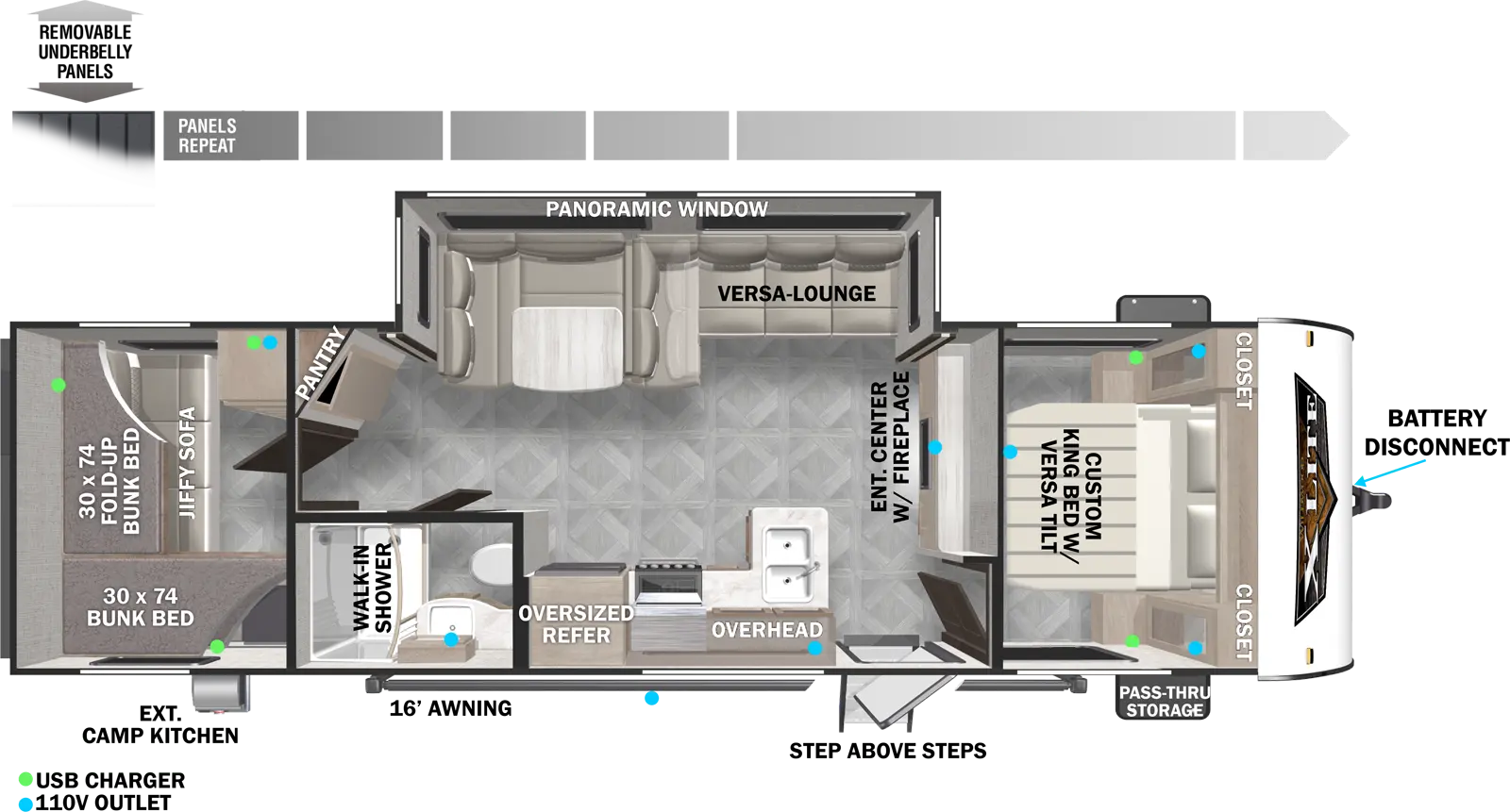 The 273QBXL has one slideout and one entry door. Exterior features include exterior camp kitchen, 16 foot awning, step above entry steps, front pass-thru storage, battery disconnect, and removable underbelly panels. Interior layout front to back: versa-tilt custom king bed with closets on each side; entertainment center with fireplace along inner wall; off-door side versa lounge/u-dinette with panoramic window; door side entry, and kitchen with peninsula countertop sink, overhead cabinet, and oversized refrigerator; door side full bathroom with walk-in shower; off-door side angled pantry; rear bunk room with jiffy sofa, rear fold up bunk, and door side bunk bed.